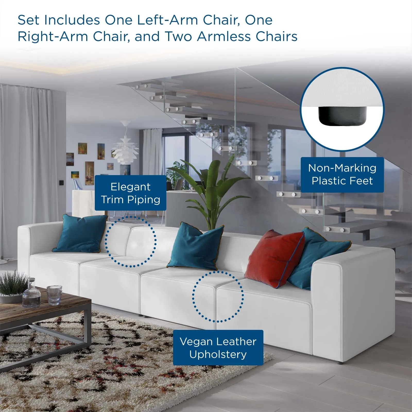 Mingle Vegan Leather 4-Piece Sectional Sofa White EEI-4793-WHI