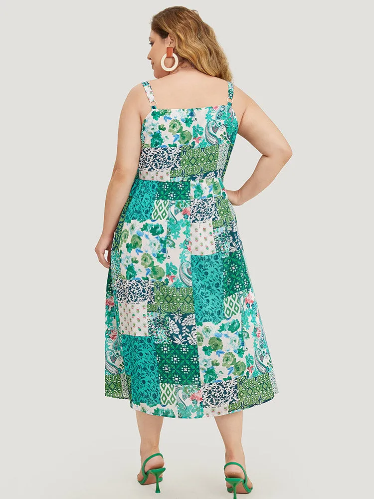 Pixel Flower Pocket Ruffle Hem Cami Dress