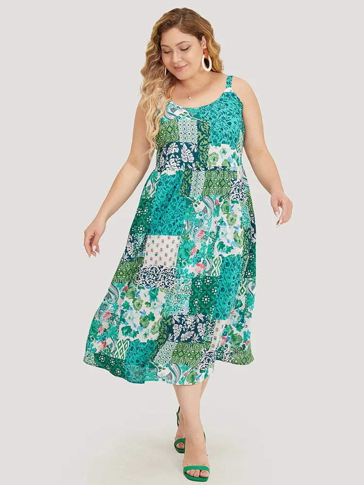 Pixel Flower Pocket Ruffle Hem Cami Dress