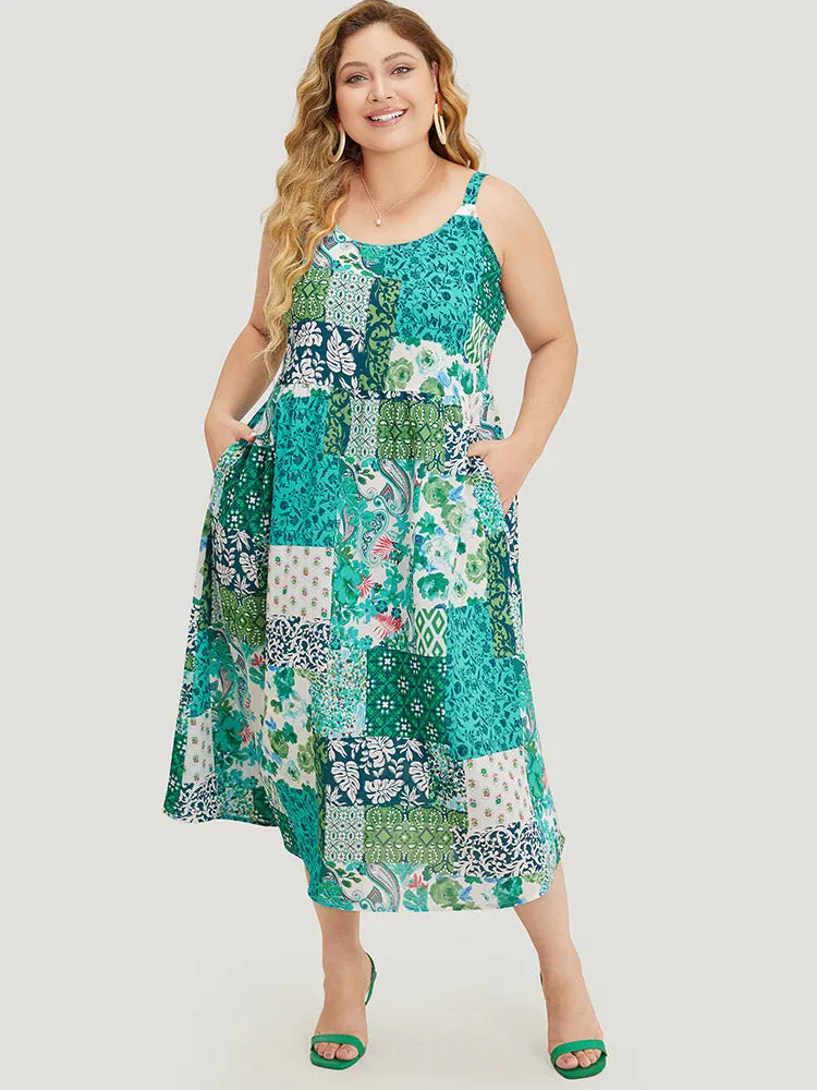 Pixel Flower Pocket Ruffle Hem Cami Dress