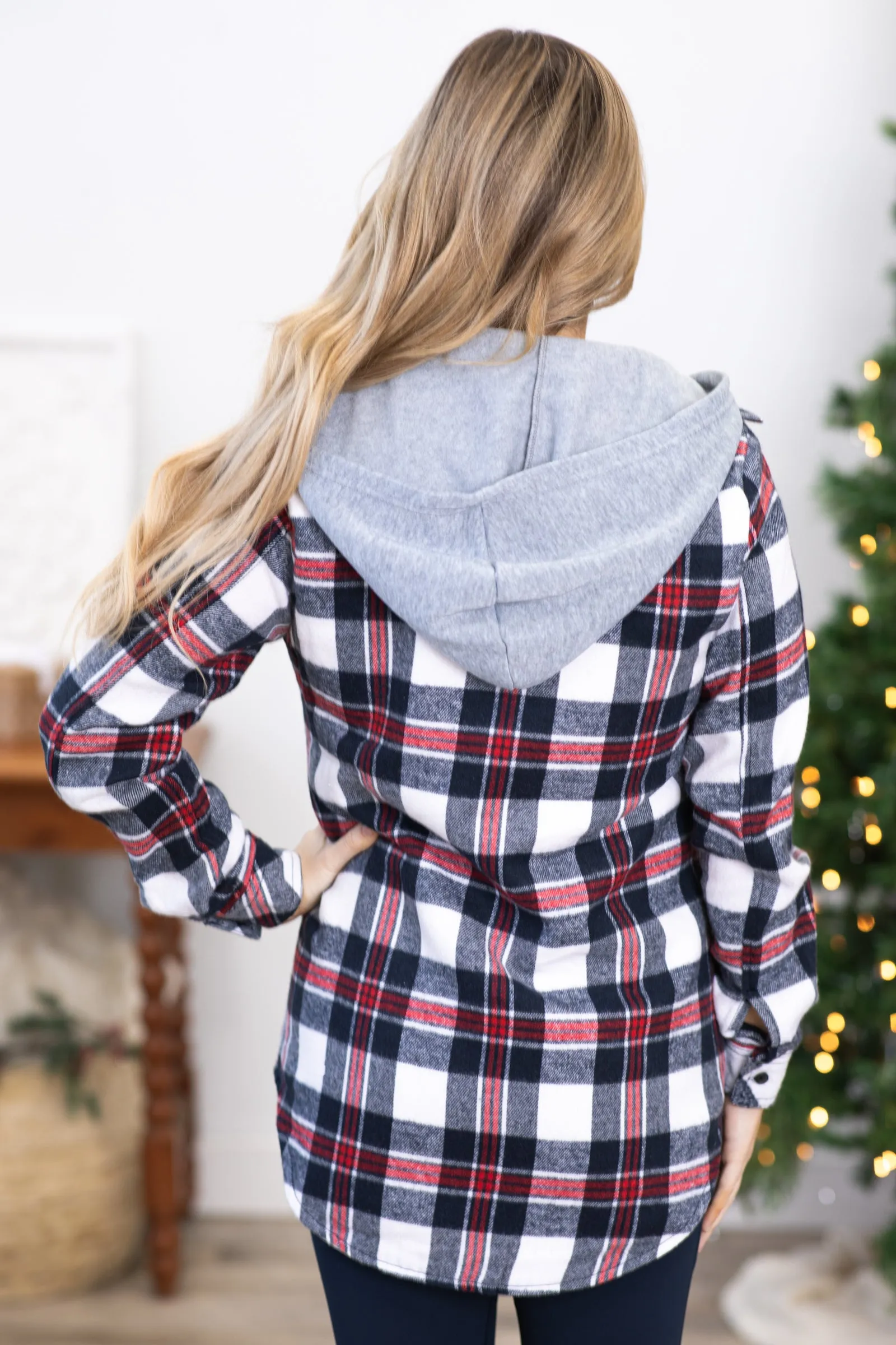Red and Navy Plaid Jacket With Hood