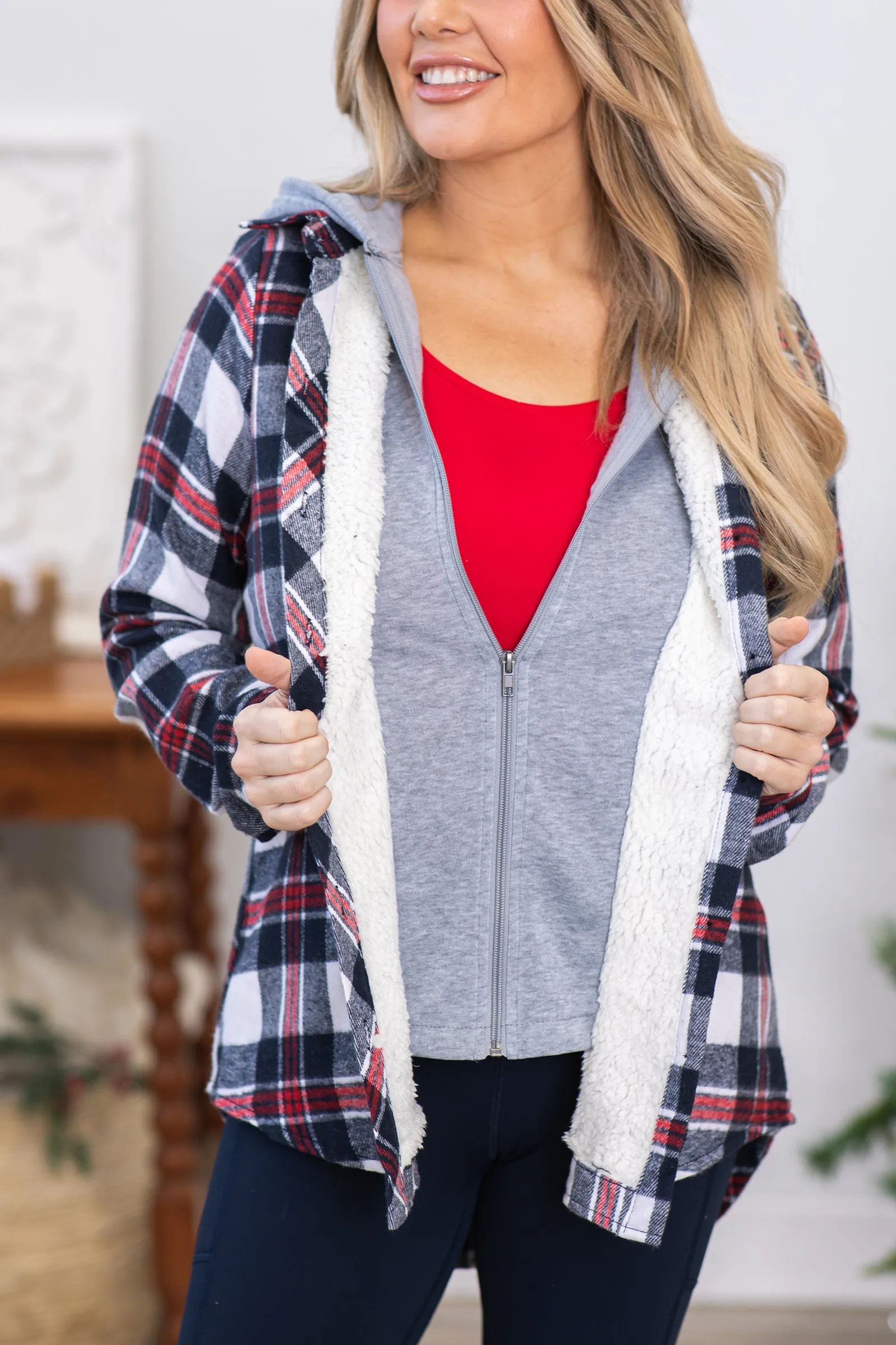 Red and Navy Plaid Jacket With Hood