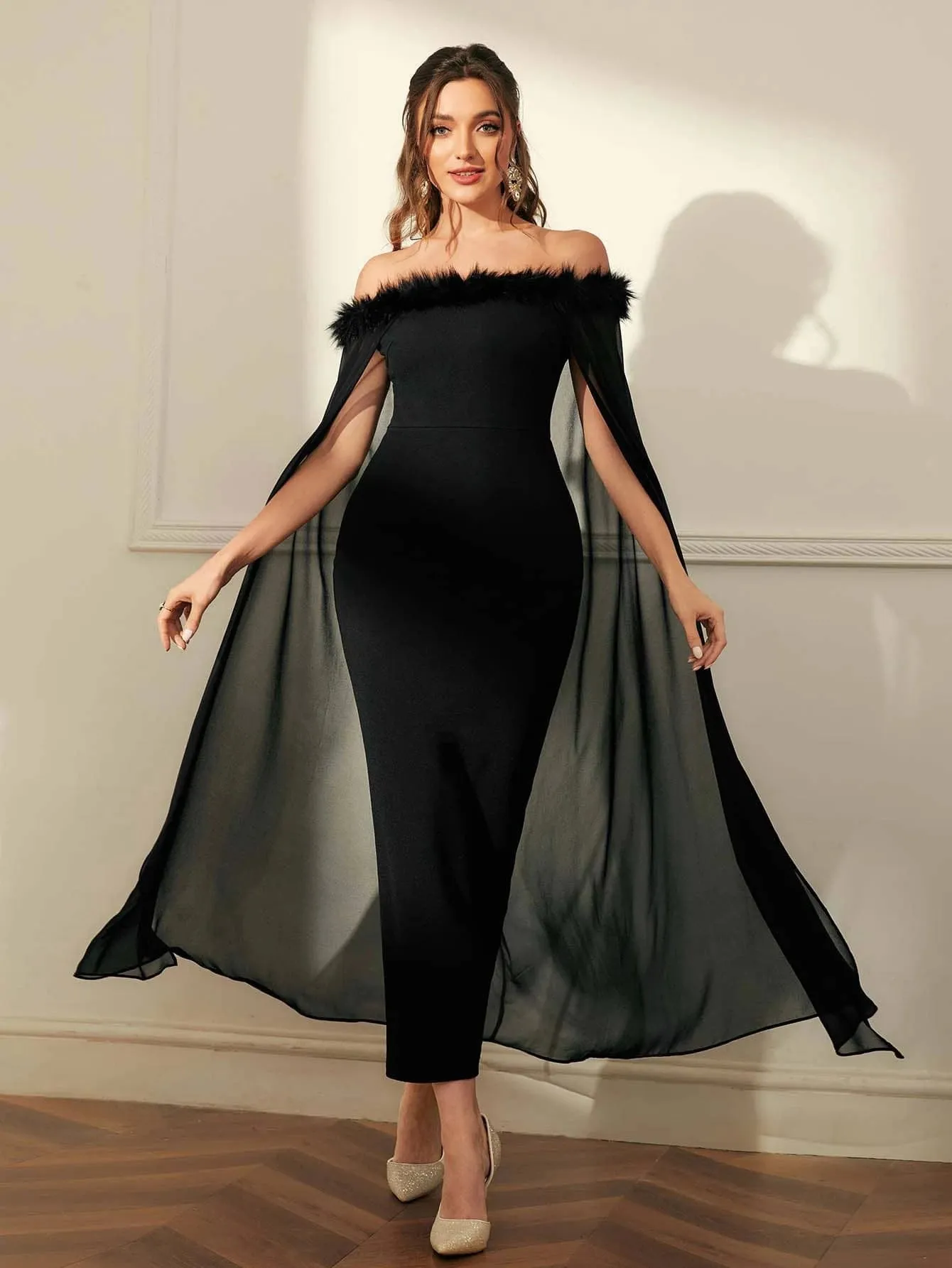SHEIN Modely Off Shoulder Fuzzy Trim Split Thigh Chiffon Prom Dress