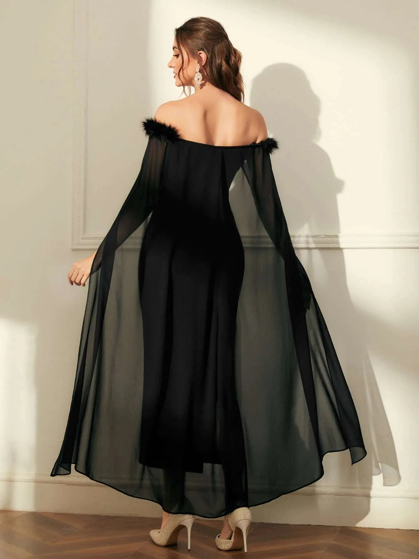 SHEIN Modely Off Shoulder Fuzzy Trim Split Thigh Chiffon Prom Dress