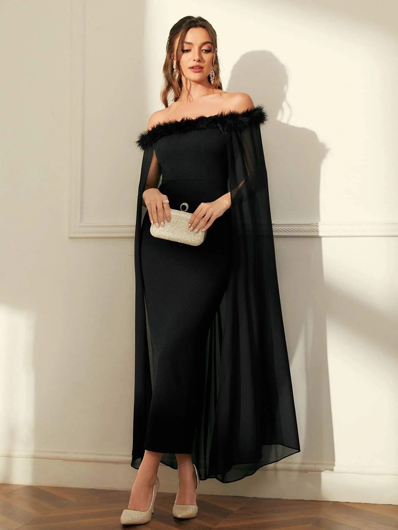 SHEIN Modely Off Shoulder Fuzzy Trim Split Thigh Chiffon Prom Dress