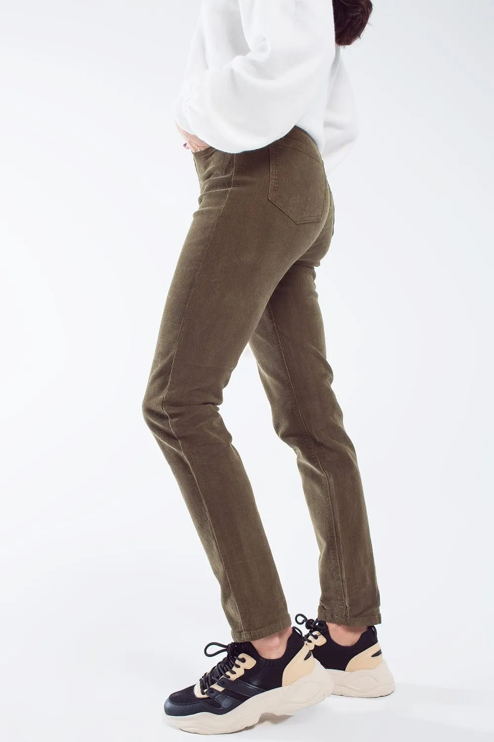 Skinny Cord Pants In Olive Green