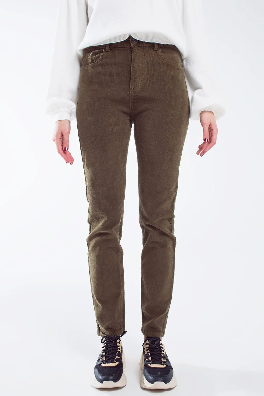 Skinny Cord Pants In Olive Green