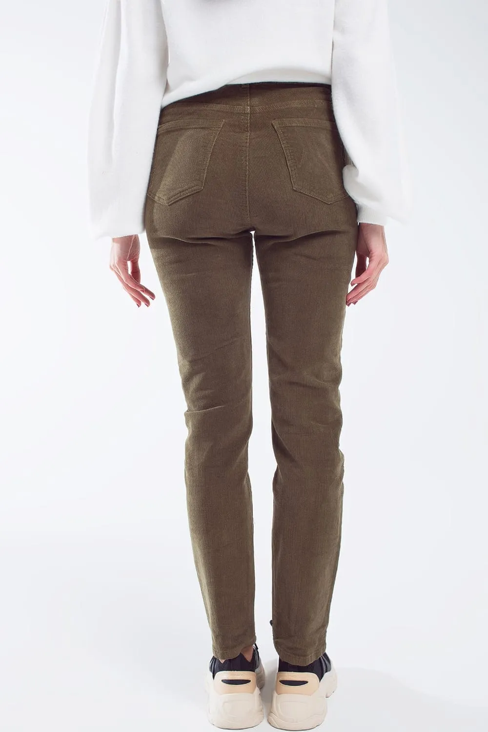 Skinny Cord Pants In Olive Green