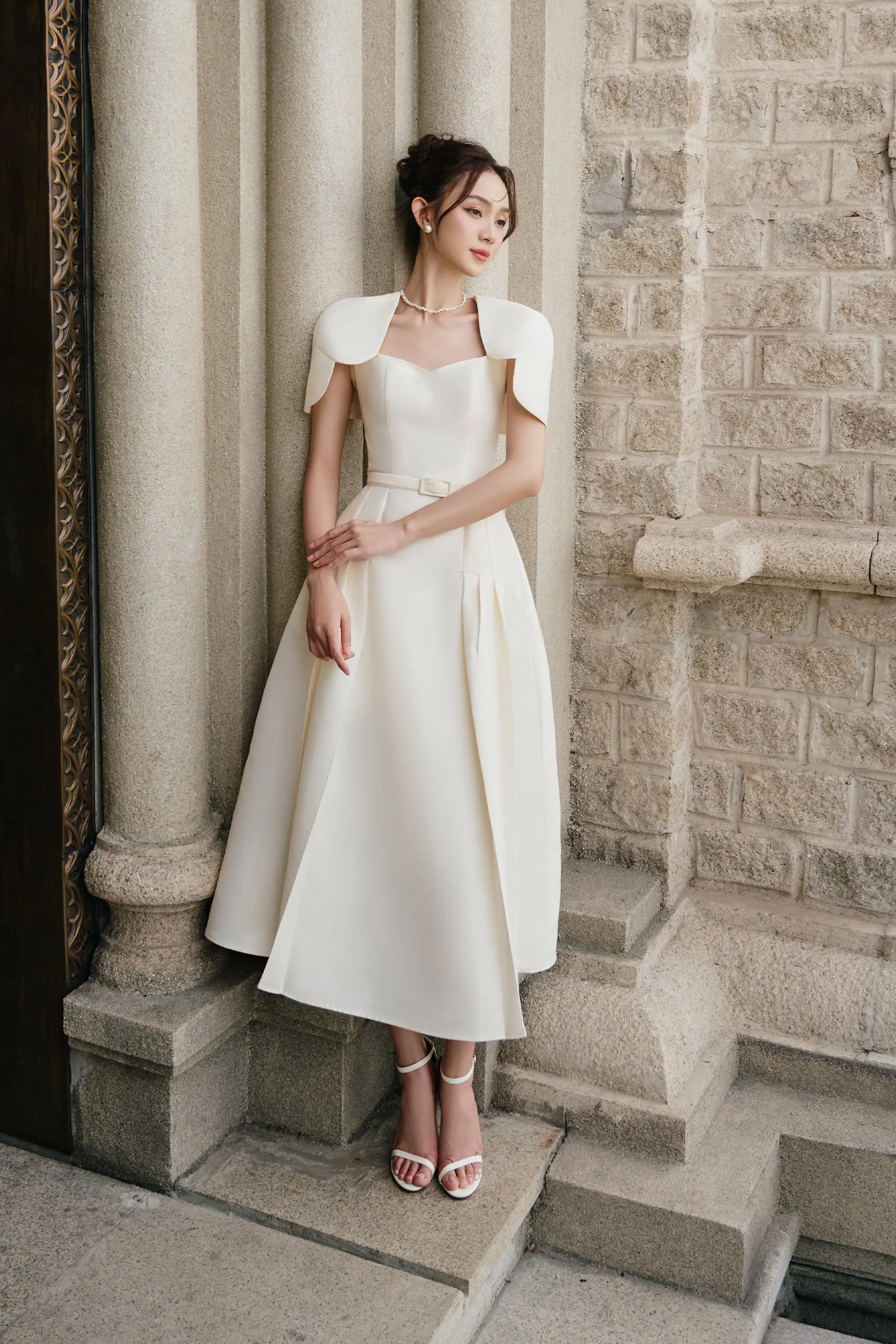 Swing A-line Queen Anne Neck Rayon Midi Dress