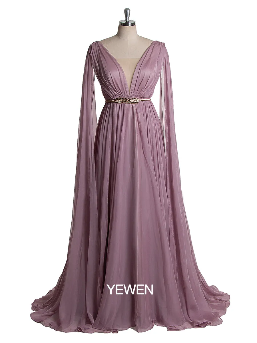Women Elegant Chiffon V Neck Cape Sleeve Party Dress