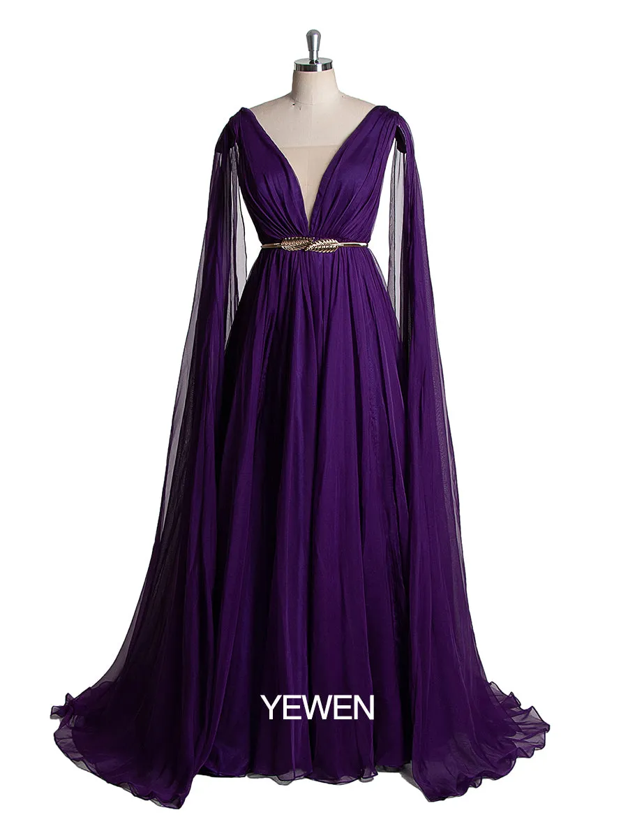 Women Elegant Chiffon V Neck Cape Sleeve Party Dress