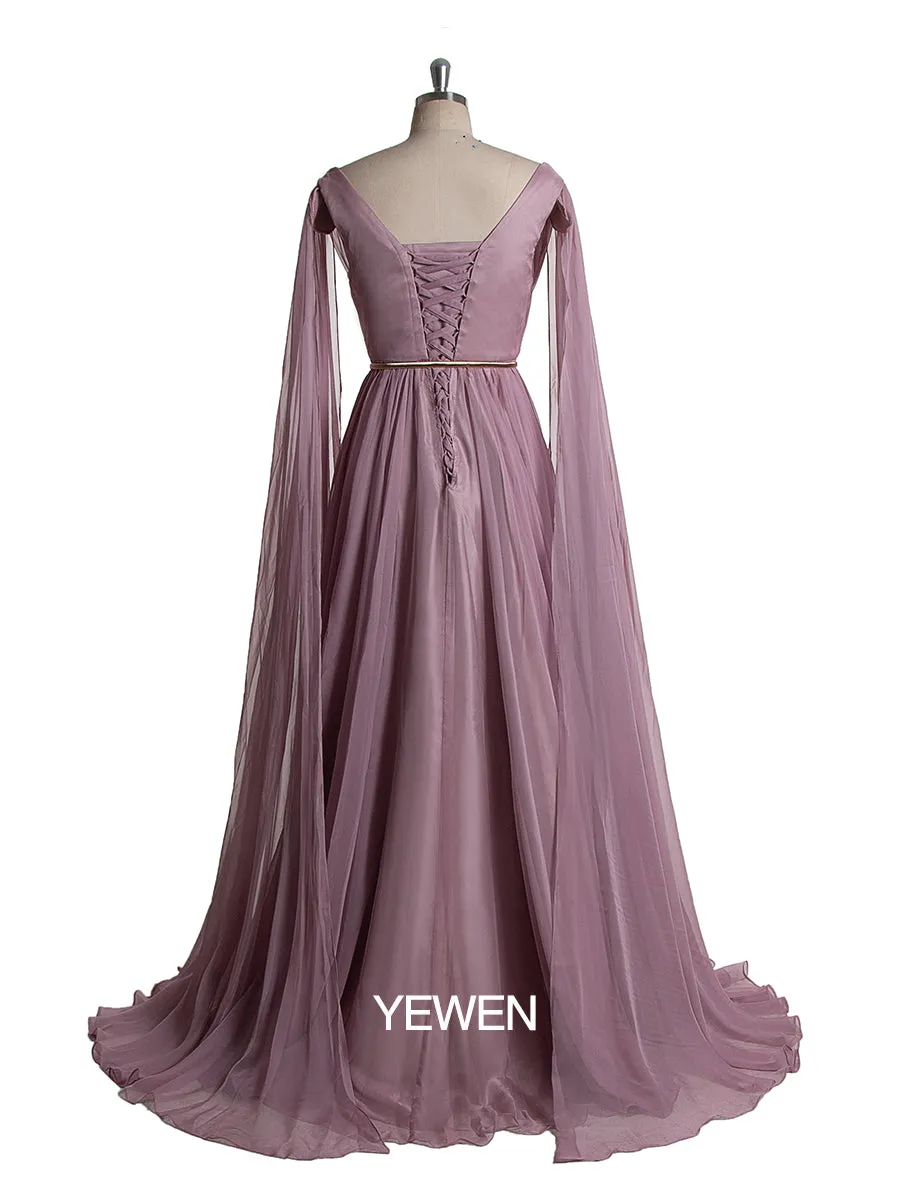 Women Elegant Chiffon V Neck Cape Sleeve Party Dress