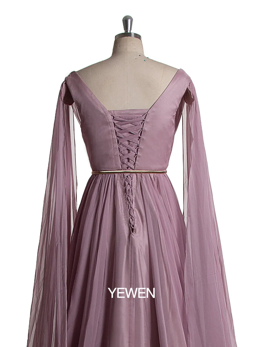 Women Elegant Chiffon V Neck Cape Sleeve Party Dress