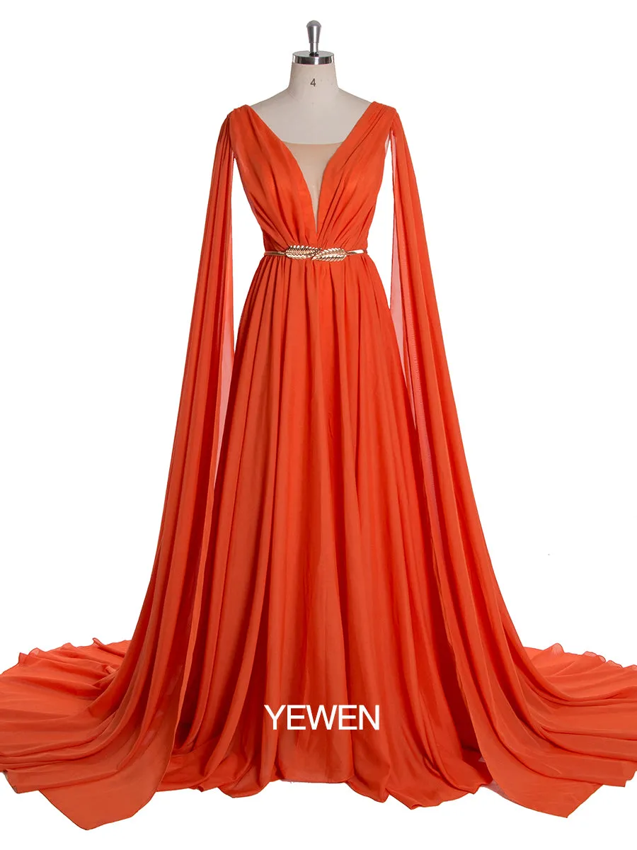 Women Elegant Chiffon V Neck Cape Sleeve Party Dress