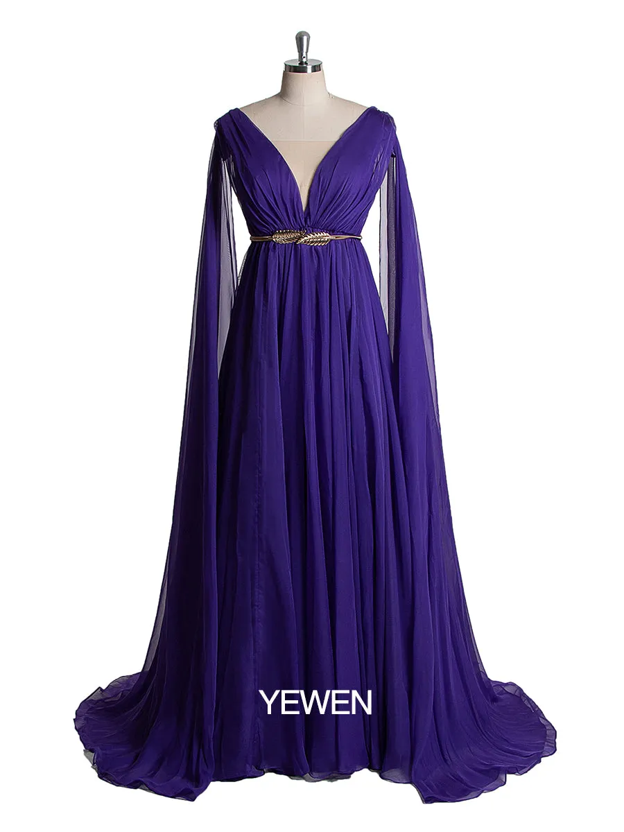 Women Elegant Chiffon V Neck Cape Sleeve Party Dress