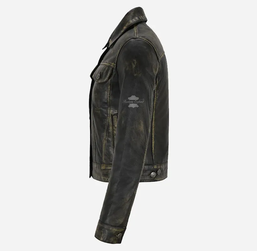 WOMEN TRUCKER Leather Shacket Vintage Waxed Leather Shirt Jacket