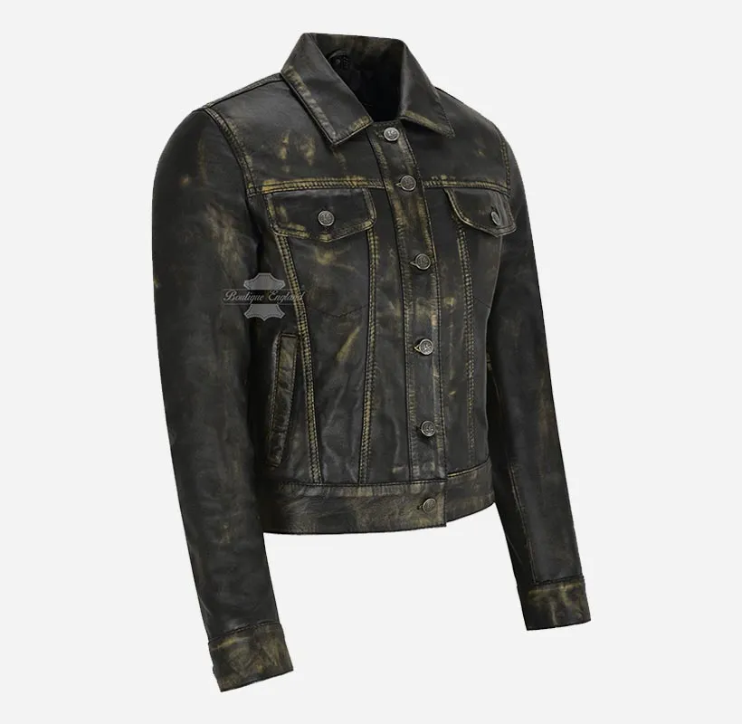 WOMEN TRUCKER Leather Shacket Vintage Waxed Leather Shirt Jacket
