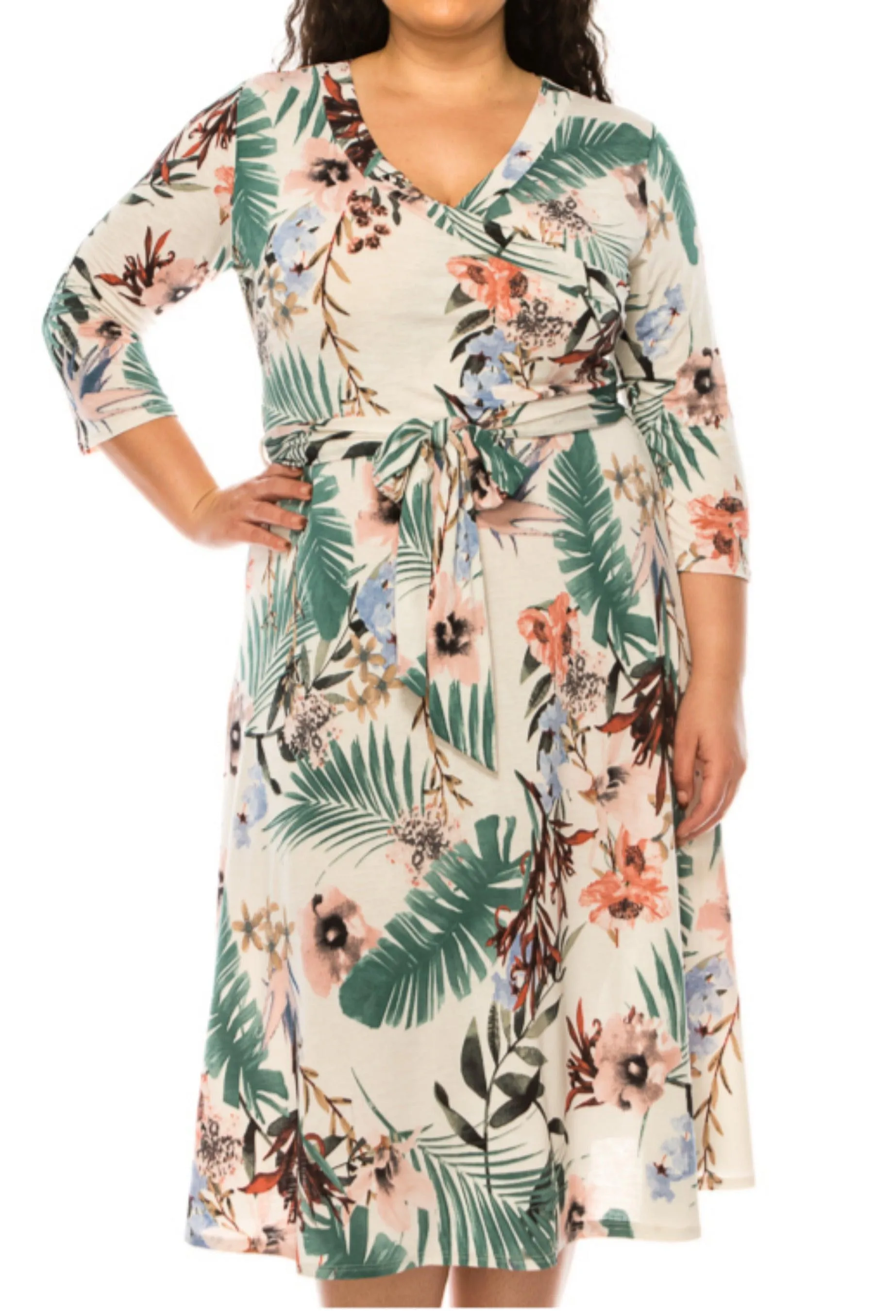 Women's Plus Size Faux Wrap Dress with Deep V-Neck and Waist Tie